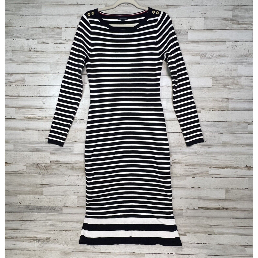 Tommy Hilfiger Women’s Nautical Stripe Midi Bodycon Dress L Navy White Stretch